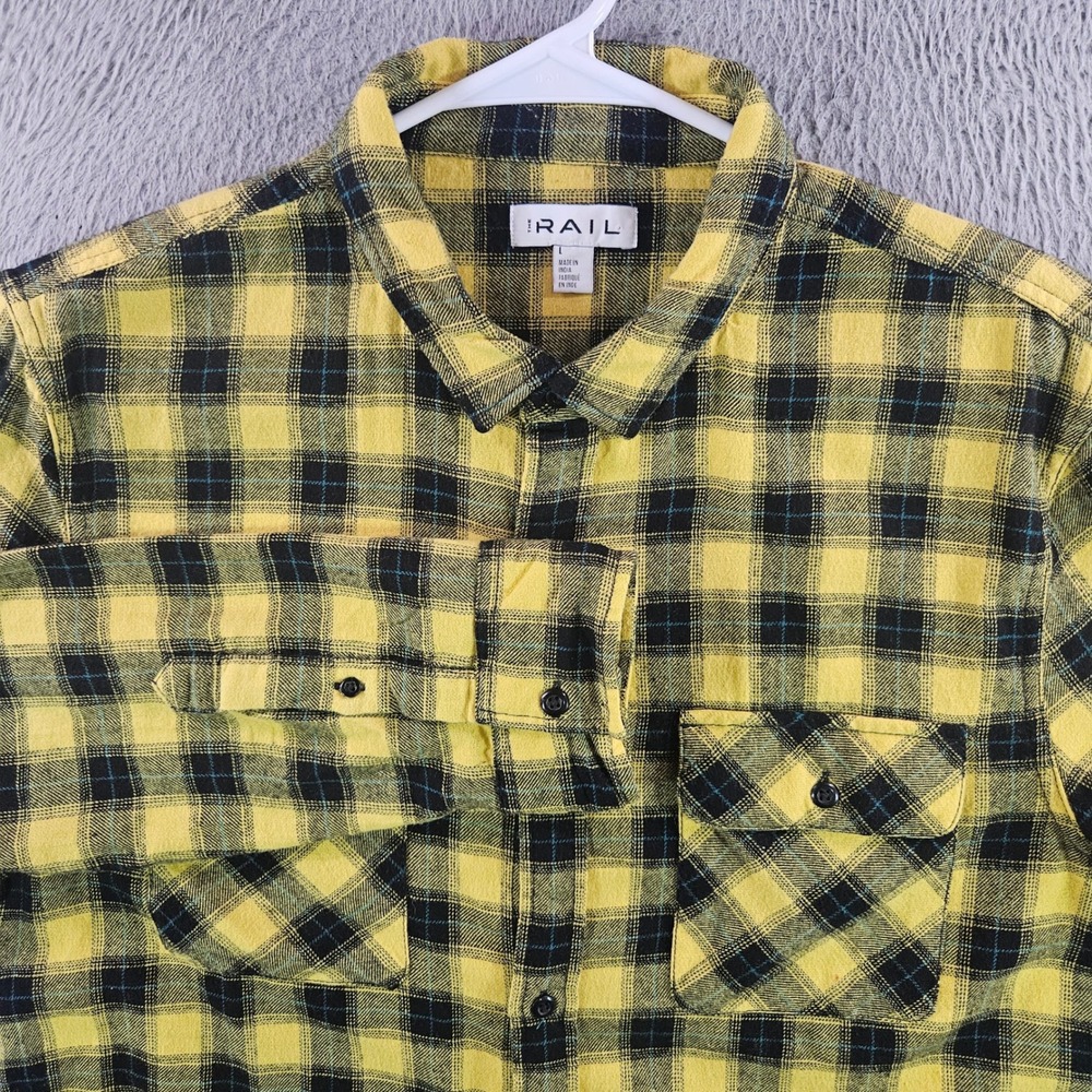 The Rail Mens Yellow Black Buffalo Plaid Flannel Button Down Shirt Large Cotton
